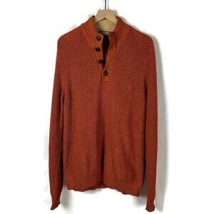 Men's 100% Cotton Knit Pullover Henley Sweater Sherpa Collar Orange Med